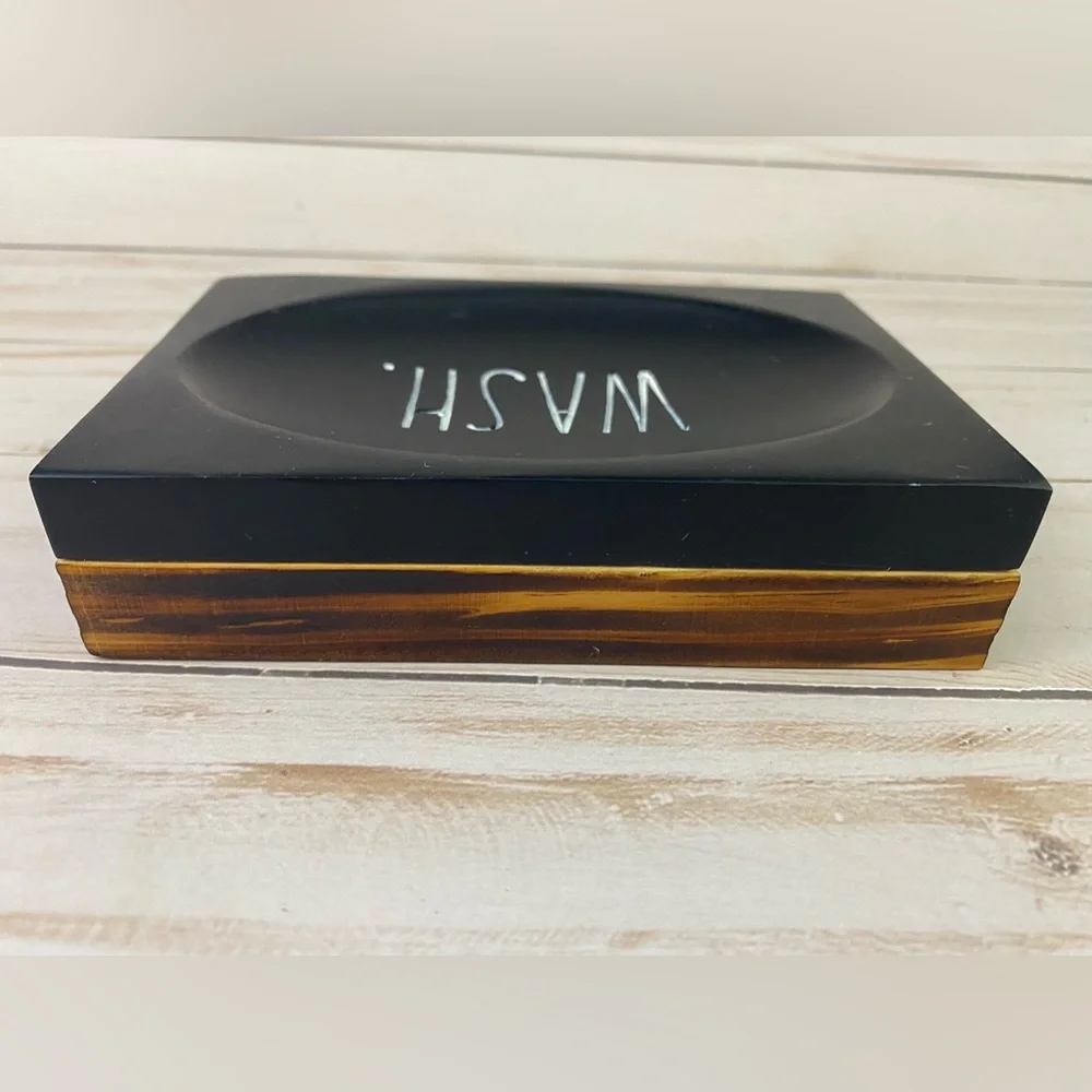 Rae Dunn WASH Black Soap Dish Wooden Base NWT
